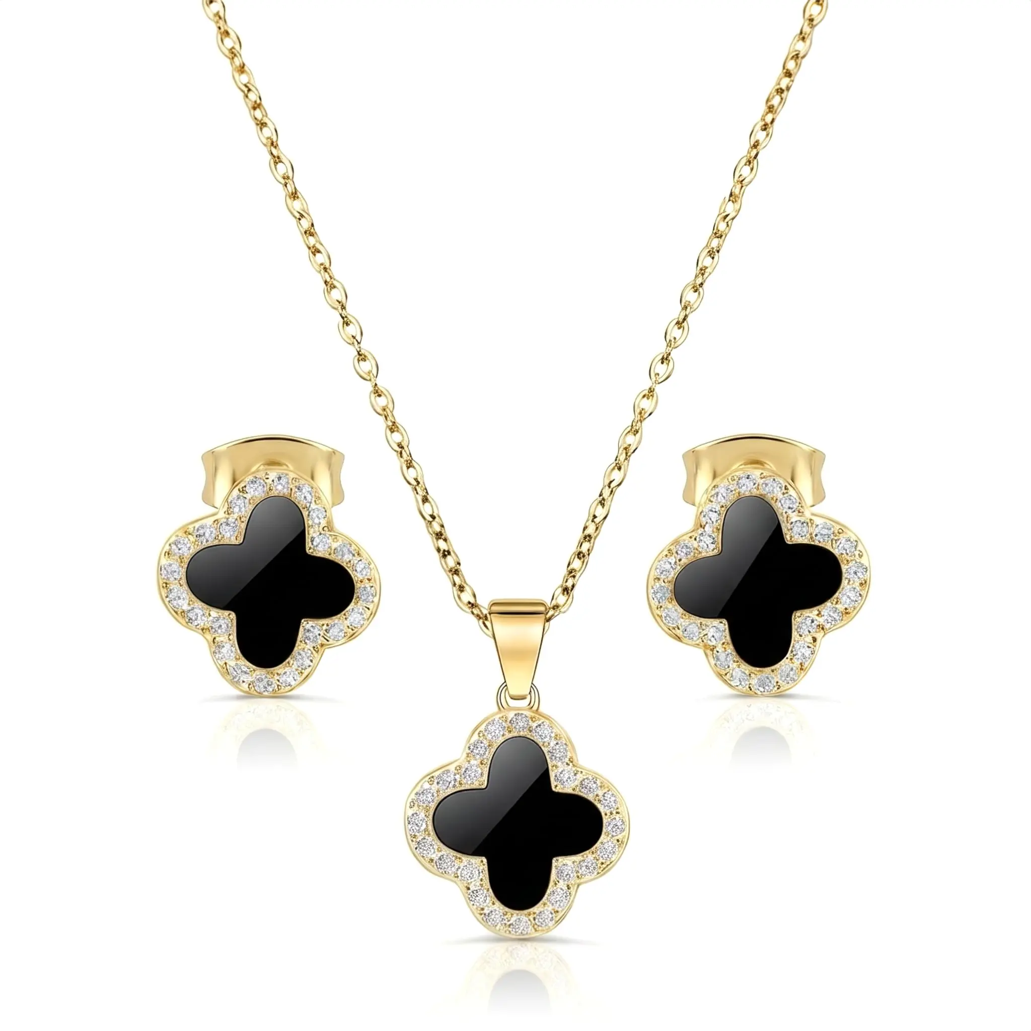 SHINYY Four Leaf Crystal Clover Necklace Earring Set for Women | 18K Gold Plated Cubic Zirconia Bracelet | 4 Leaf Lucky Pendant and Ear Studs | Jewelry Gift for Her
