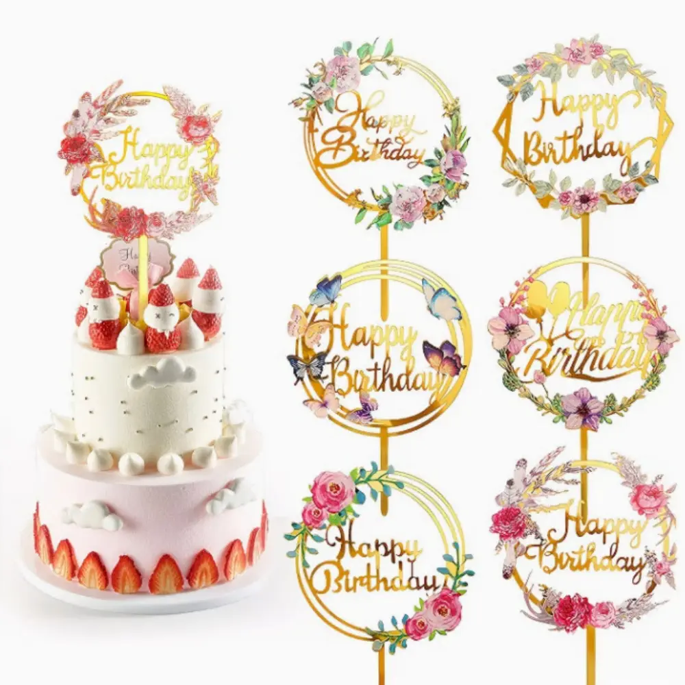 6pcs Gold Acrylic Cake Topper Set - Multi-Patterned (Flowers, Butterflies, Yes, Round Shapes) - Cupcake & Cake Decorations for Birthday Parties (Camp Kitchen Party Supplies)
