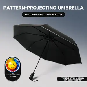 Windproof & Rainproof Sunshade with Reflective Halo and LED Projector lamp at Night to Protect You and Your Family, UPF50+, Reverse Folding Umbrella,8 Reinforced Ribs.