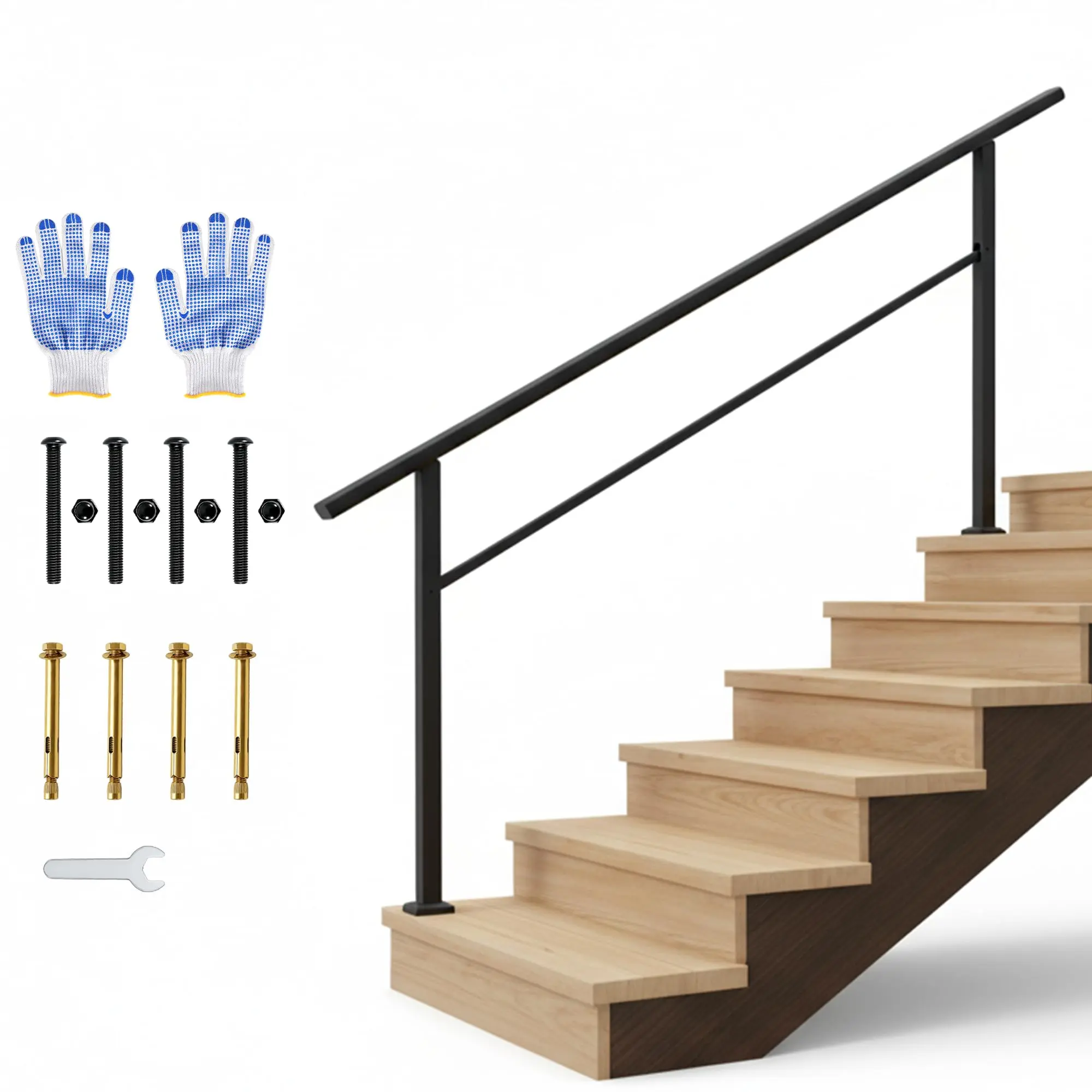 Garvee 6 Step Outdoor & Indoor Stair Handrail Kit – Black Aluminum Railing with Iron Posts, ADA Compliant Safety Rail, Non-Slip Grip, Easy Installation – Step 6 | 1 Pack