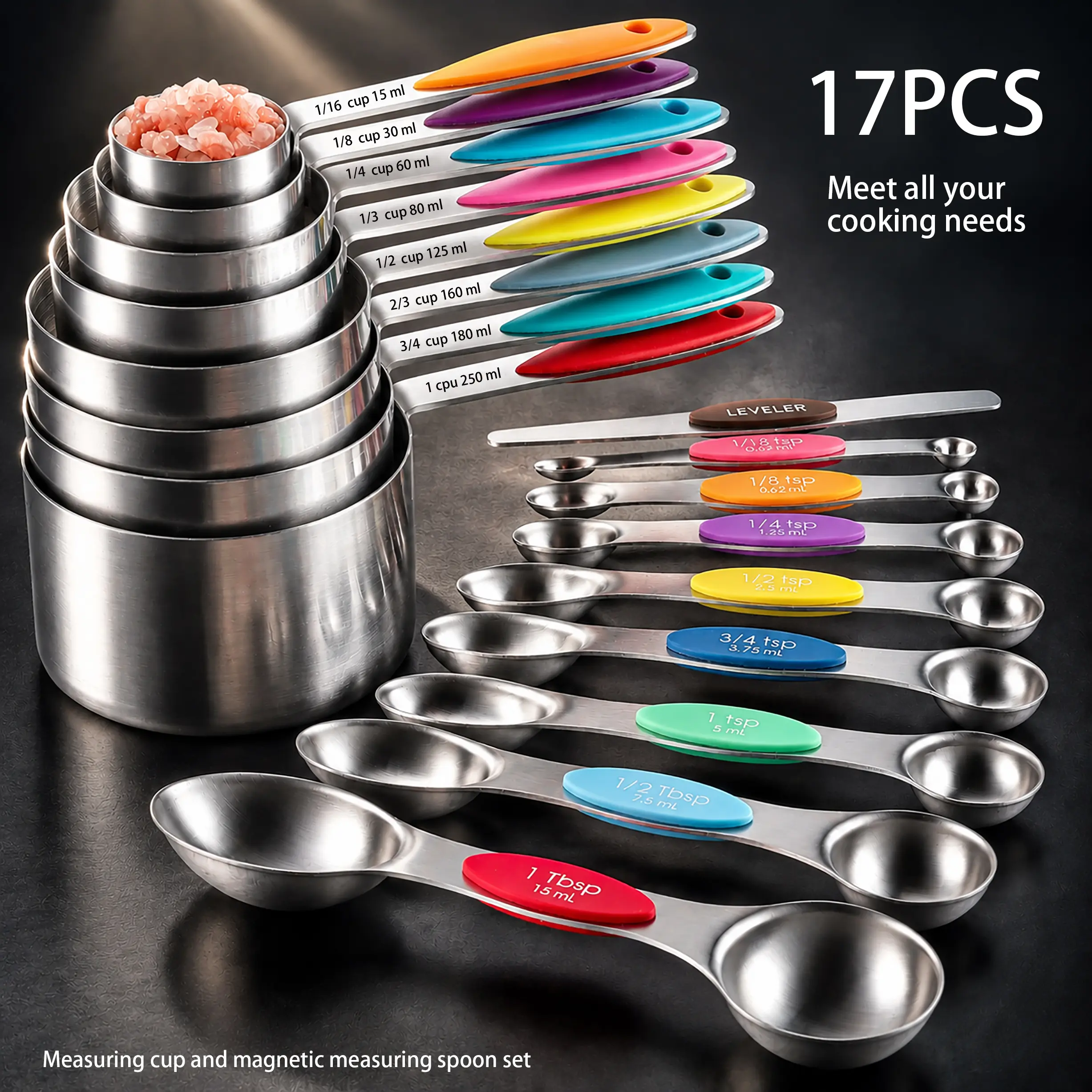 17-Piece High-End Stainless Steel Measuring Cup & Magnetic Measuring Spoon Utensils Set - Metric Marked, Accurate Dry/Liquid Measurement, Non-Slip Silicone Handle, Food-Grade Heat-Resistant, 1 Straightener for Kitchen Cooking Needs (Black Friday Pick)