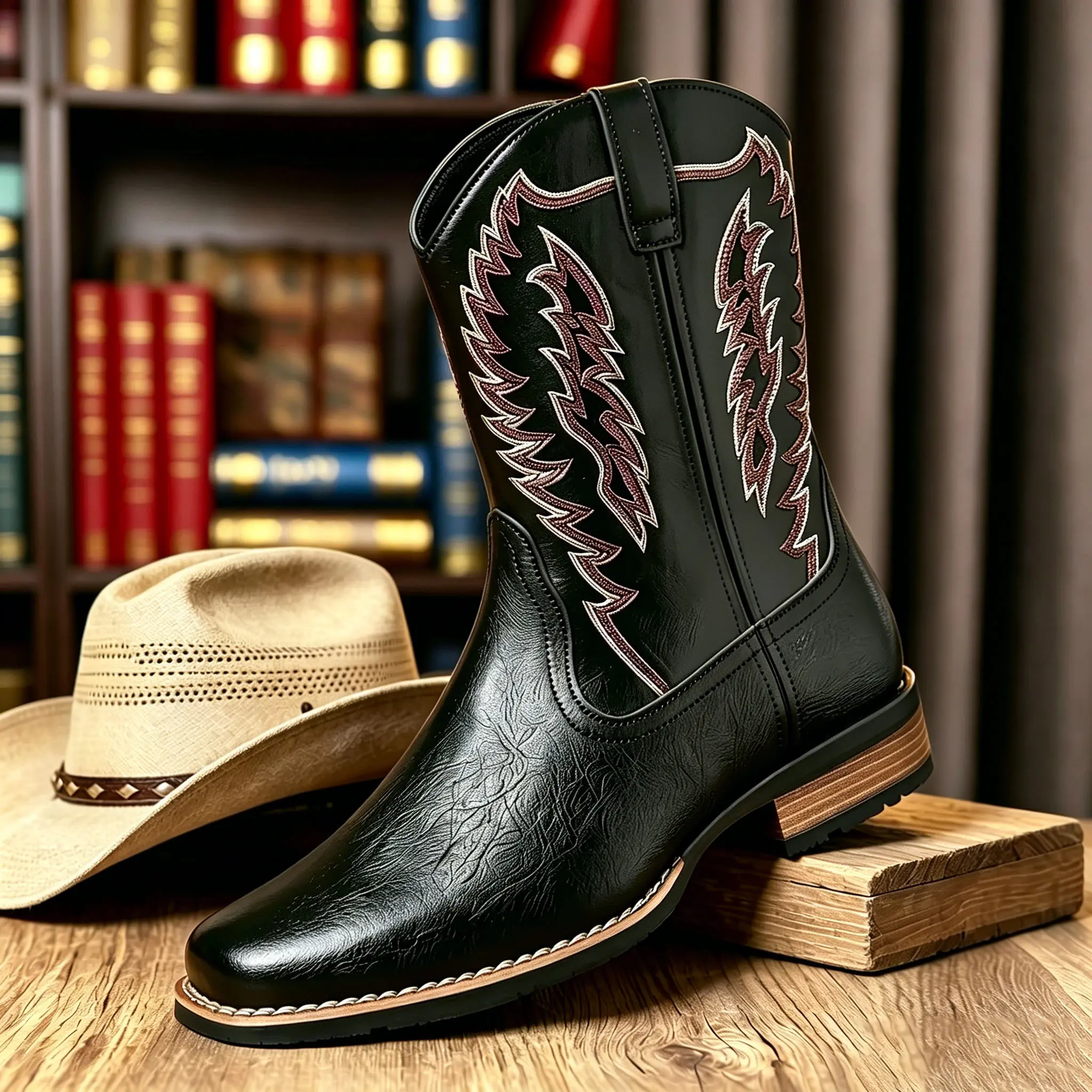 Men's Western Cowboy Boots - Embroidered Wing Design, Square Toe Matte Leather, Mid-Calf Wide Fit, Slip-Resistant Sole, Retro Walking Footwear, Chic, Side Zip, All Seasons, Rodeo Outfit Inspo, Cuban Aesthetic, Minimalist Western Ootd