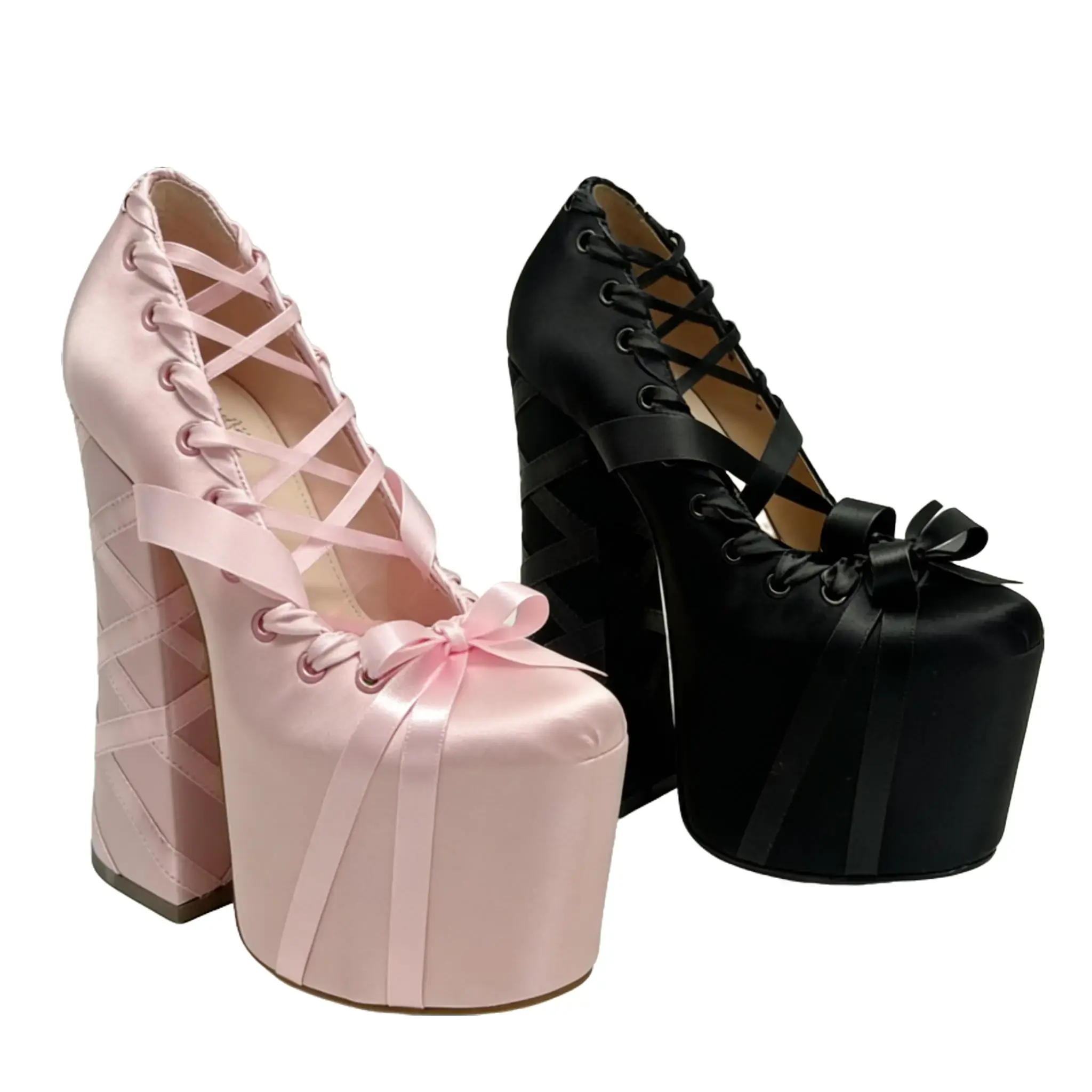 Women's Sweet Sonata Satin Platform High Heels - Lace-Up Ribbons, Bow Detail, Elegant Stylish Shoe for Casual Wear & Elevated Looks, Footwear, Classy, Sweet Ballet, Satin Finish, Bow Accent