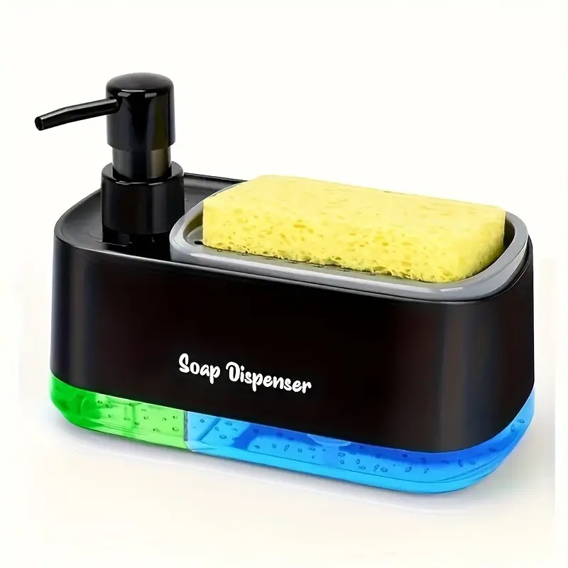 Sustainable Durable Plastic Soap Dispenser with Built-in Sponge Holder, Leak-Proof Pump, Battery-Free Compact Design, Easy-Clean Plastic for Busy Homes, Halloween Holiday Gift, Household Items for Bathrooms & Kitchens, Black/Blue/White Upgraded Version