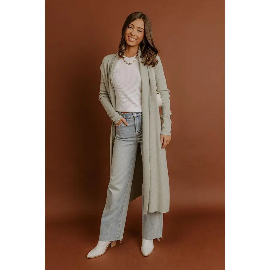 Cappuccino Sippin Waffle Knit Duster Cardigan in Light Sage