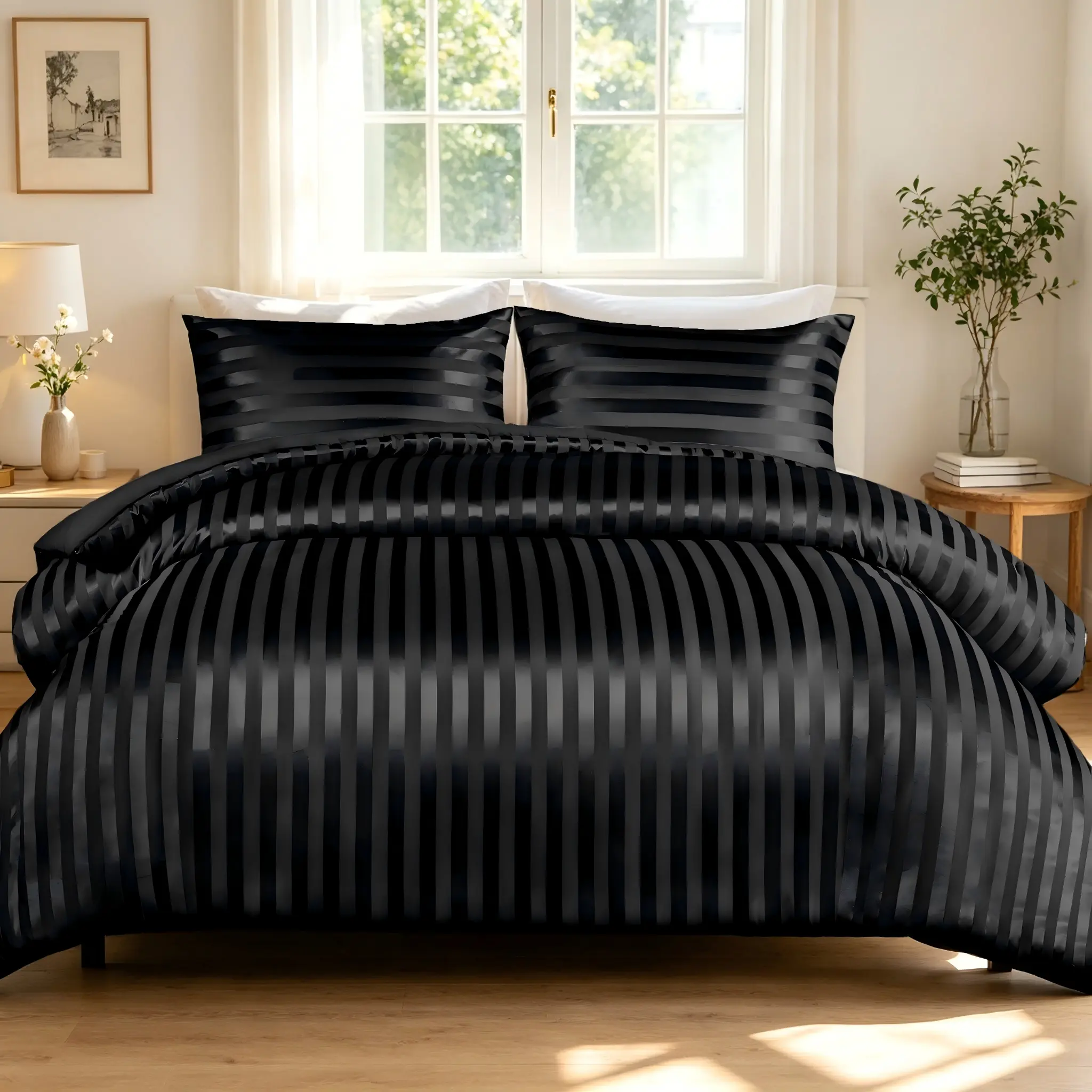 【backtoschoolday】Whale Flotilla 3-Piece Reversible Silky Soft King Size Comforter Set, Luxury Stripe Satin Oversized Comforter Bedding Set with 2 Satin Pillowcases, Lightweight Duvet for All Seasons