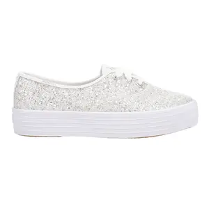 Keds Womens Point Glitter Celebrations Lace Up Sneakers Shoes Casual - Silver, White