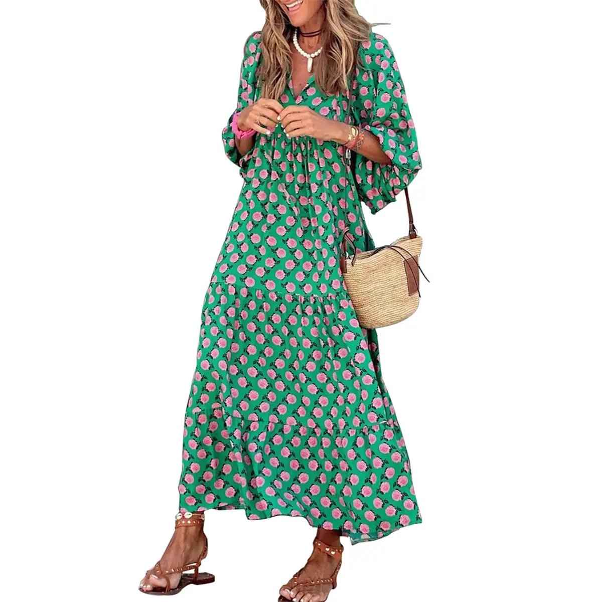 Miduo Womens Resort Wear Boho Summer V Neck Half Sleeve Bohemian Floral Pattern Maxi Long Dresses Womenswear Women Fashion Casual Vacation Outfits #backtoschool