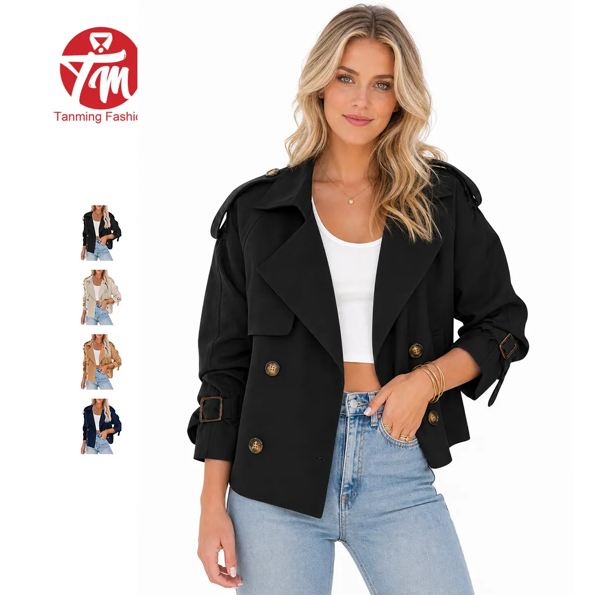 Tanming Women's Crop Double Breasted Trench Coat Short Cropped Jacket | Raglan Sleeve,Work,Office,Dressy Casual,Pockets,Trench Jacket,Trendy,Spring,Fall