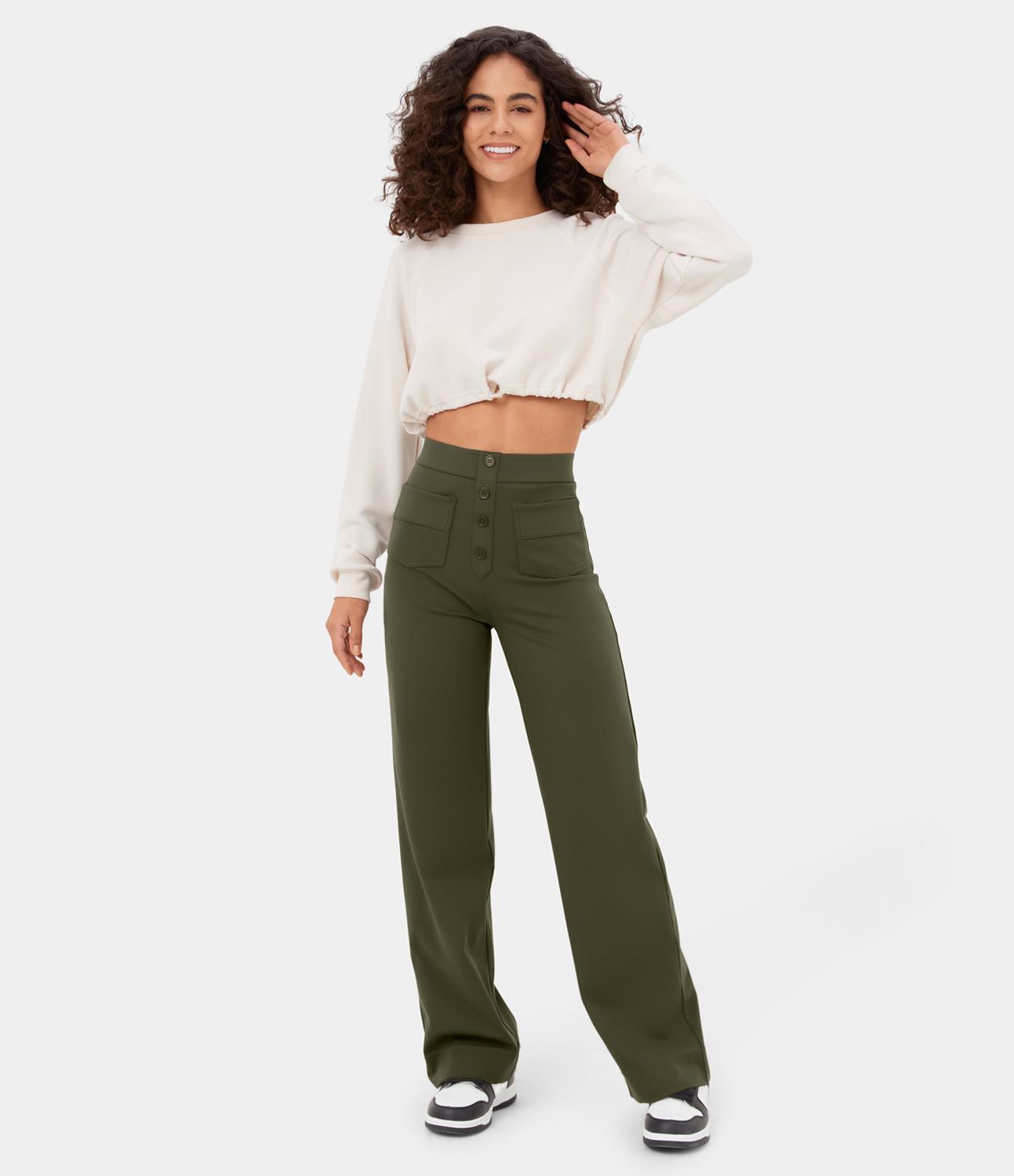 Halara High Waisted Button Multiple Pockets Straight Leg Casual Pants #SpringStatement