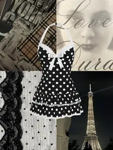 Black 1940s Halter Polka Dots Bow One-Piece Swimsuit High Stretch Swimwear