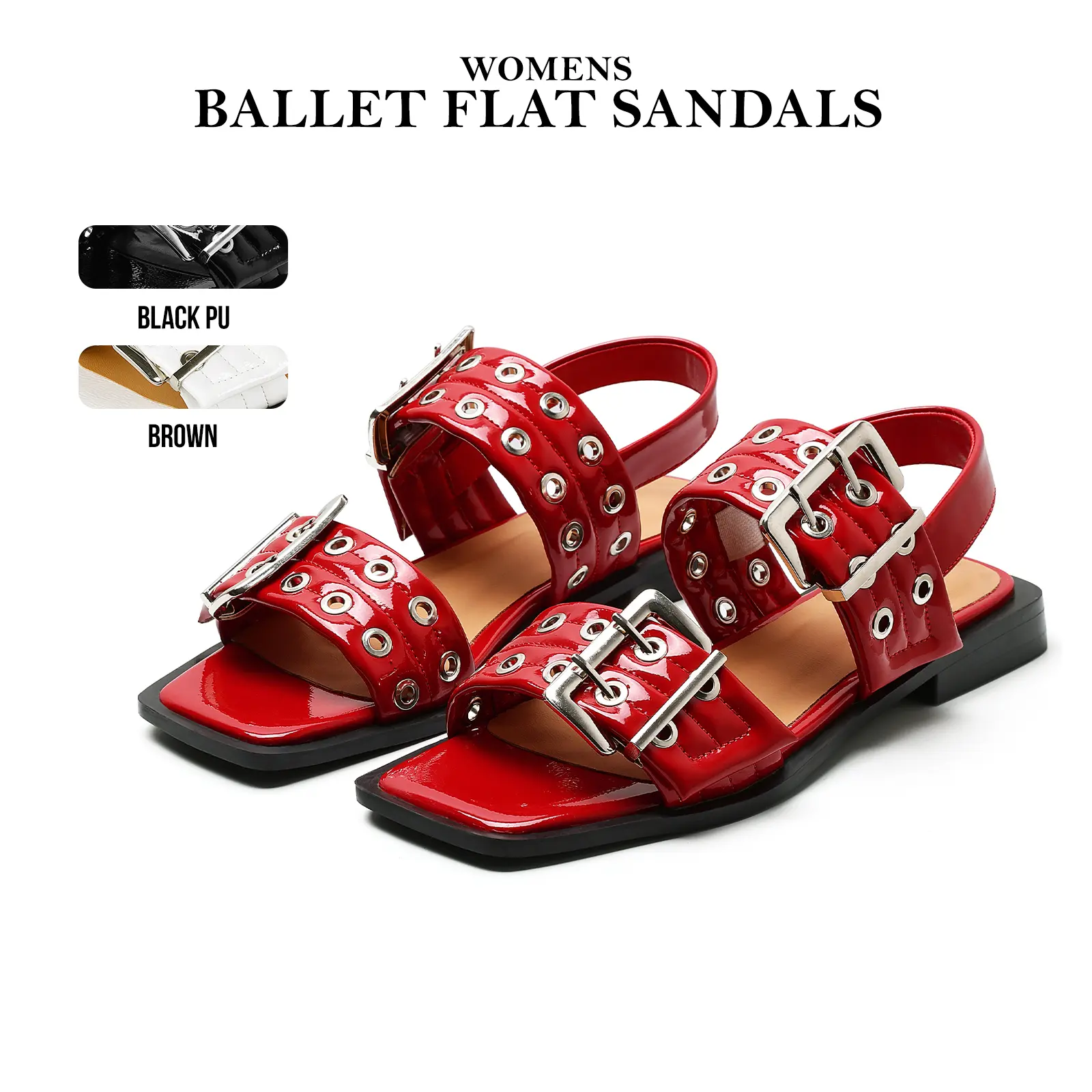 CYNLLIO Womens Ballet Flat Sandals Open Square Toe Wide Welt Double Adjustable Buckle Strap Flat Heel Slip On Comfy Fashionable Elegant Office Work Dating Holiday Party Outing Casual Dress Summer  Ballerina Flat Sandal Shoes