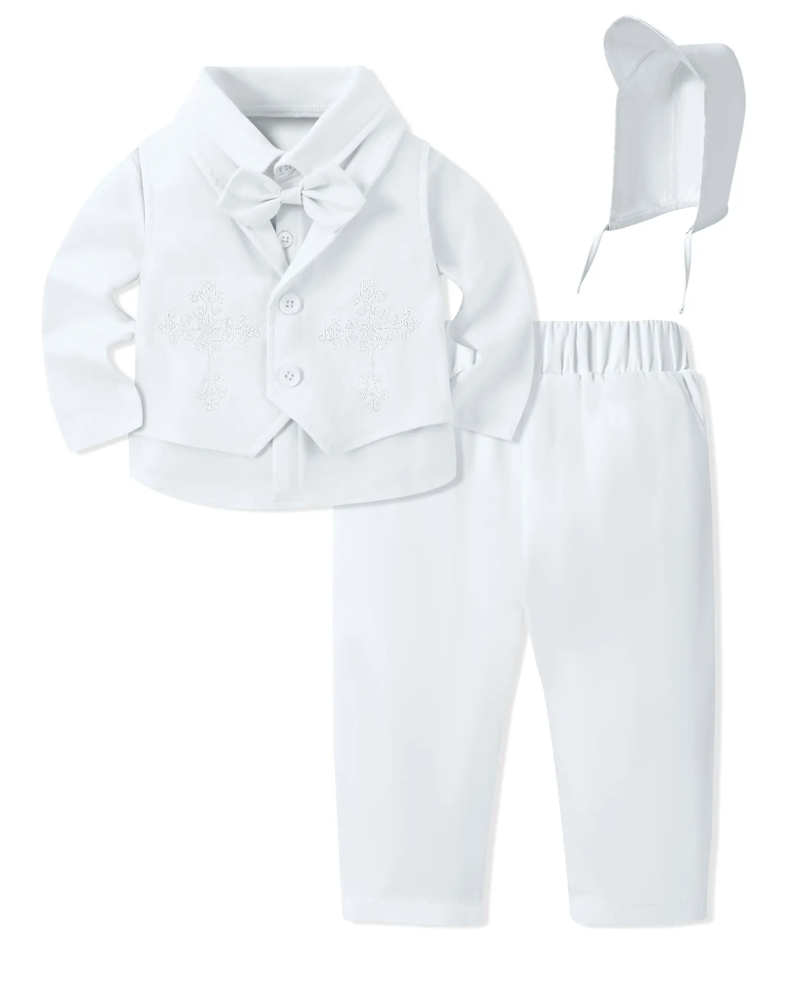 Baby Boy Formal 5-Piece Breathable Fabric Suit Gift Set - 6-24 Months White Christening Baptism Outfits, Long Sleeve Button Shirt, Bow Knot, Elastane Vest, 1 x Pants, Hat (Church, Formal Party) | Kids' Baby Clothing, Boys' Clothes, Fitted, Stretchy Waist