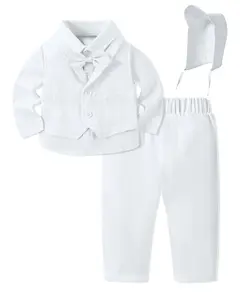 Baby Boy Suit Toddler Baptism Gentleman Outfits 6-24 Months White Christening Clothes Formal Dress Shirt+Bowtie+Vest+Pants+Hat Set