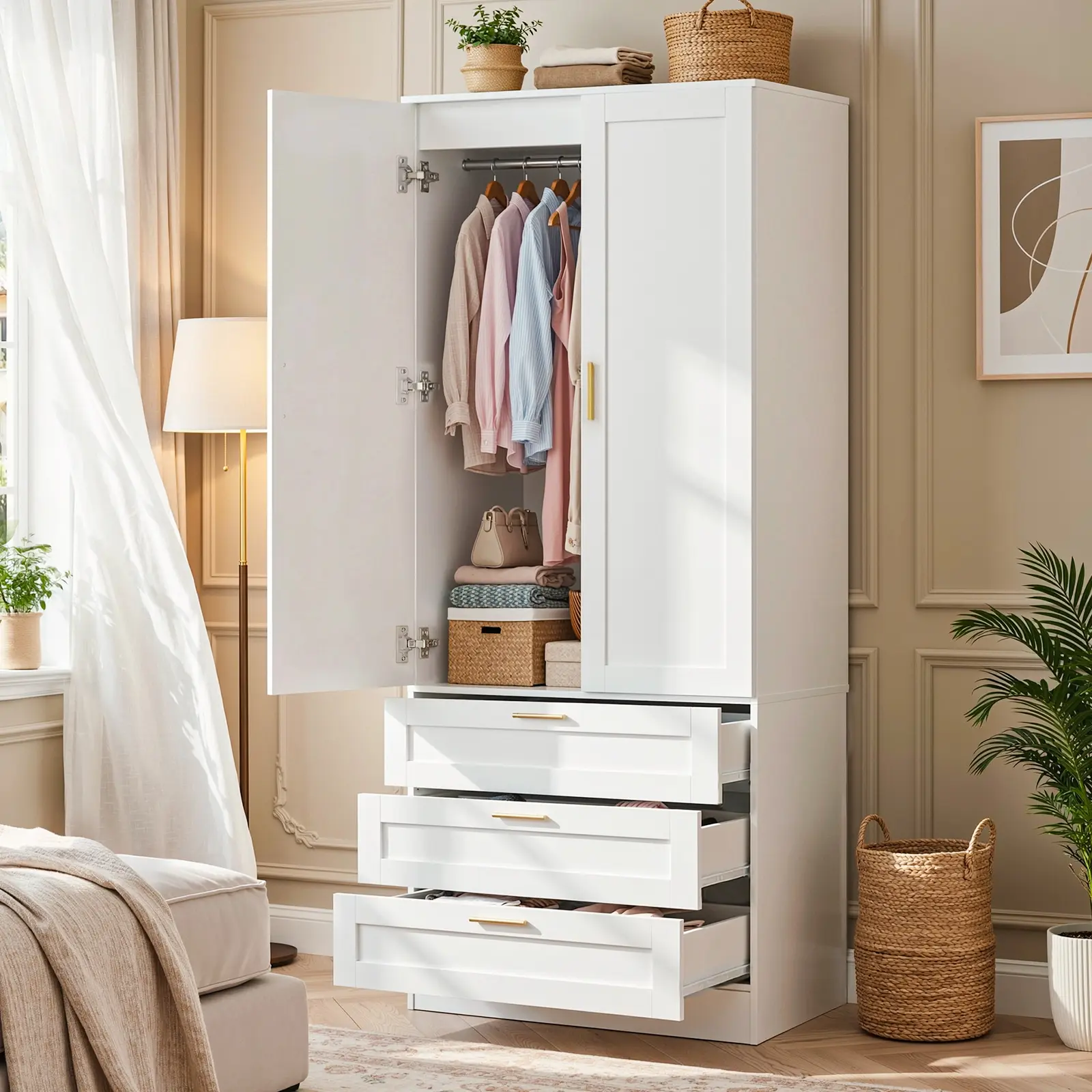 ISUNIRM 20-Inch Extra Deep Compartmentalized Wooden Wardrobe - Heavy-Duty Non-Plastic Furniture, 3 Large Soft-Close Silent Drawers, Hanging Rod, Stable Anti-Tip Kit, Kick Plate, Easy Assembly, Modern White Closet Storage Armoire for Small Rooms