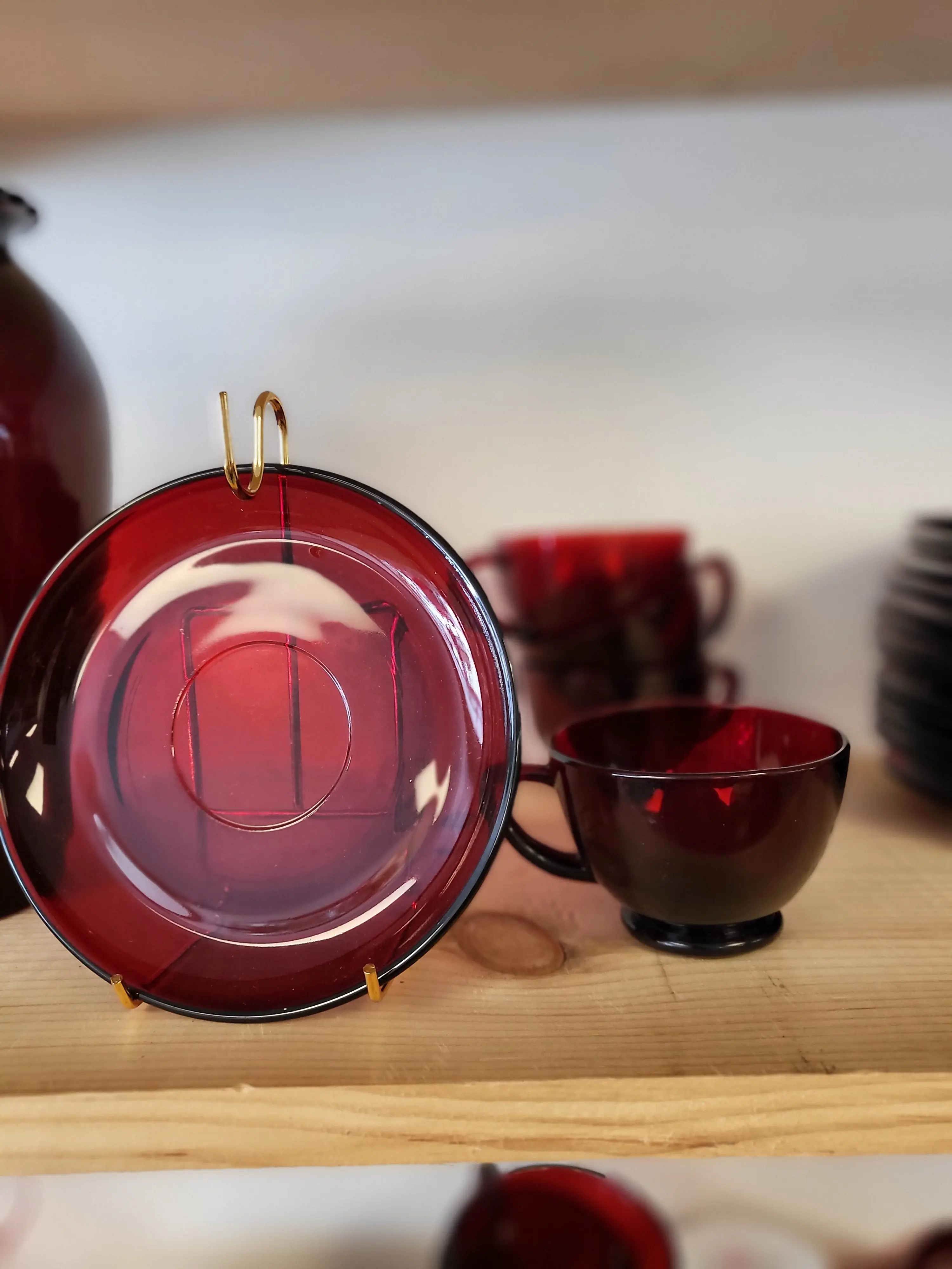 Vintage Royal Ruby Red Anchor Hocking Cup & Saucer Pressed Glass Set - 1950s Mid-Century Kitchen Drinkware, 3.5-4" Square Cup, Round Saucer for Drinking
