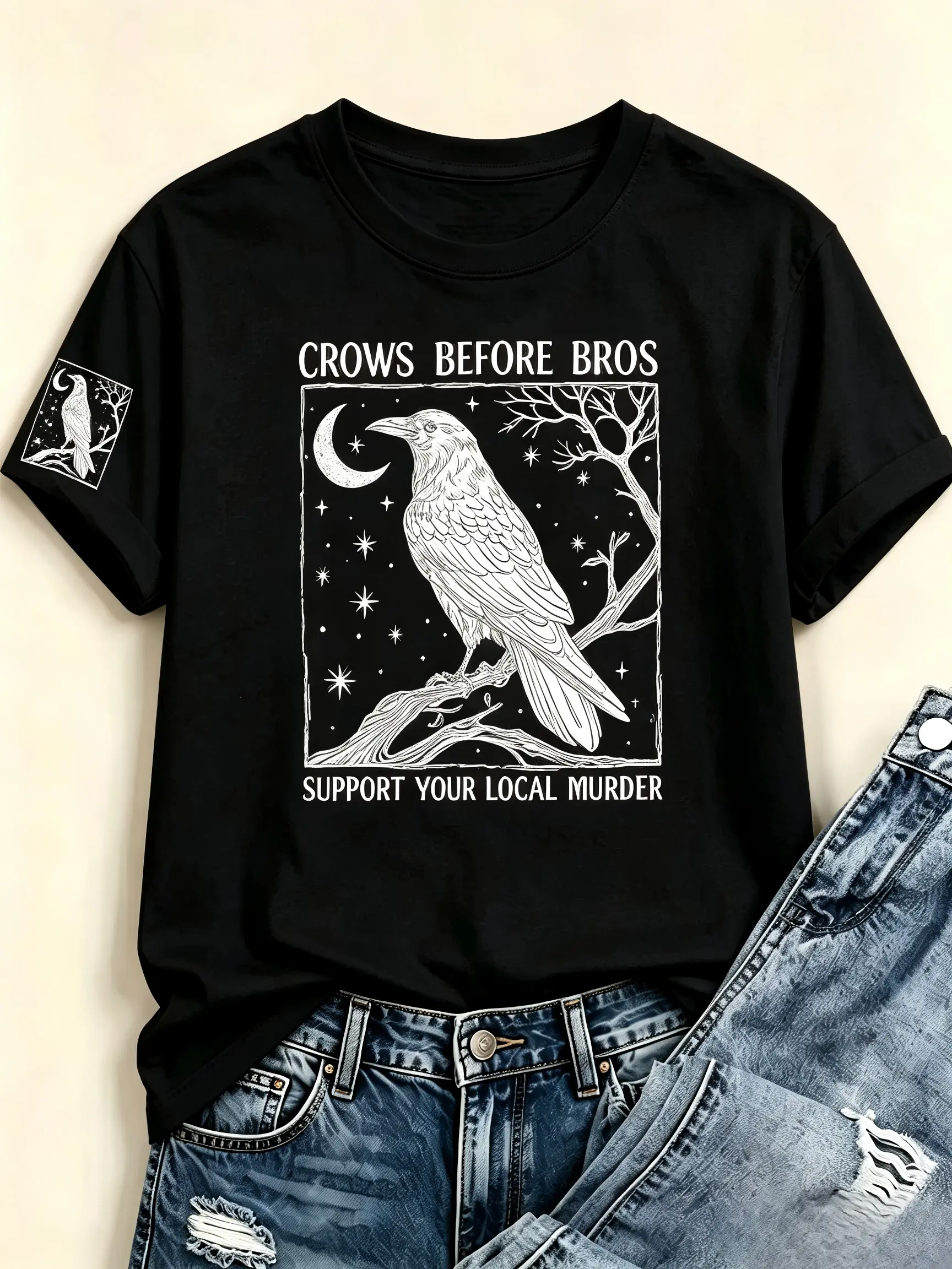 Women's Crows Before Bros Crow Moon Vintage Graphic Double Print Cotton Round Neck Short Sleeve Crewneck T-Shirt - Dark Gothic Retro Casual Witchy Aesthetic Top with Quote, Small Size Matching Outfit, Shortsleeve