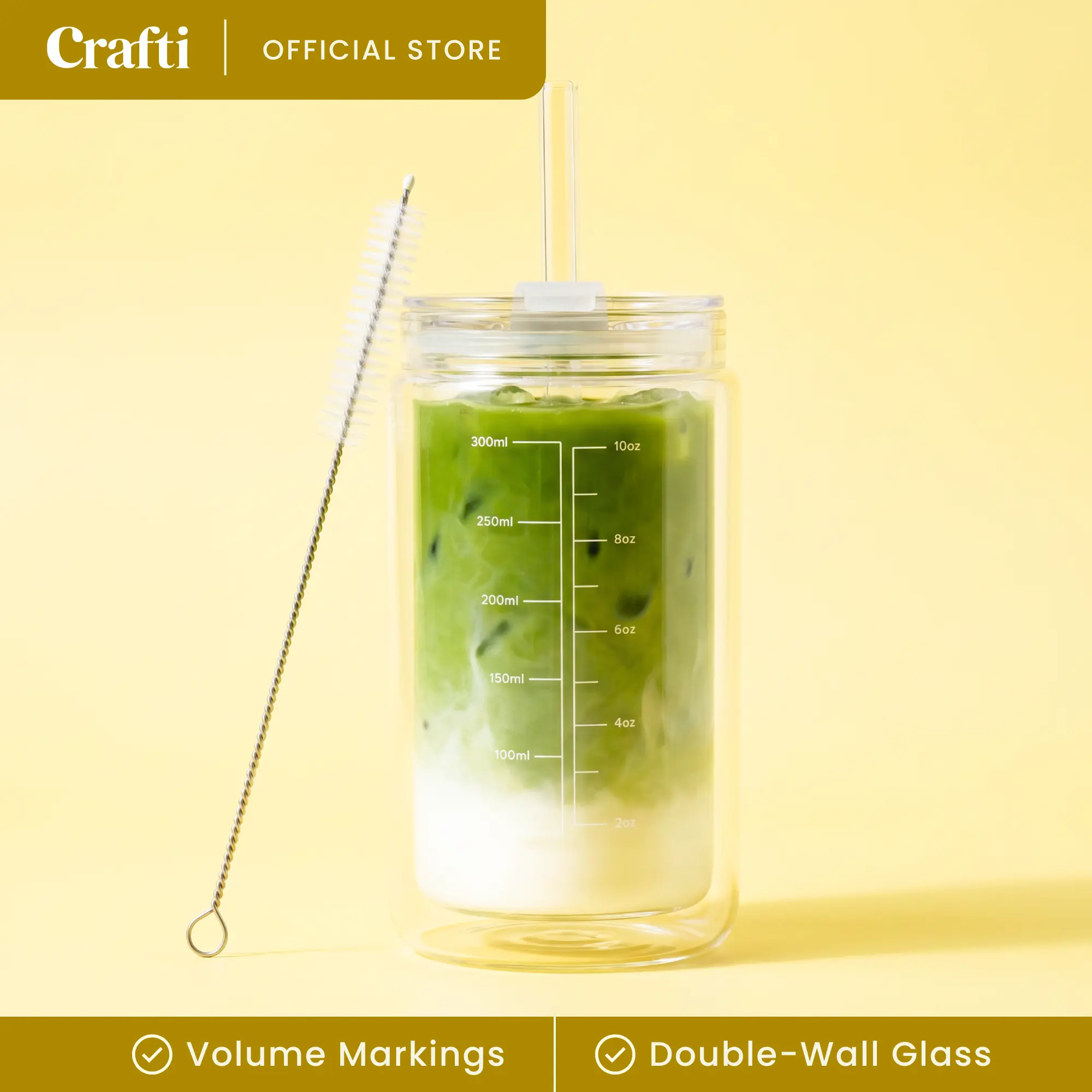 Crafti Slow Sippin' Glass Tumbler with Straw & Lid 11.8oz - 350ml Double-Walled Glass Coffee Cup, Matcha Cup with Volume Markings, Tritan Straw & Cleaner - Reusable, BPA-Free Iced Coffee Tumbler