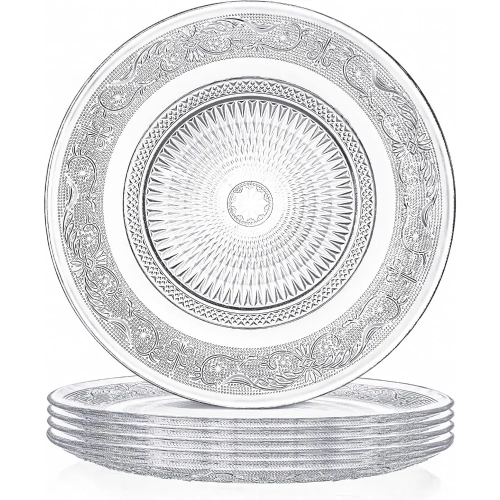 Set of 6 Glass Dinner Plate, 10 Inch Large Serving Plate Round Clear Glass Plate, Vintage Embossed Dinnerware for Pasta, Salad, Home Wedding Decor