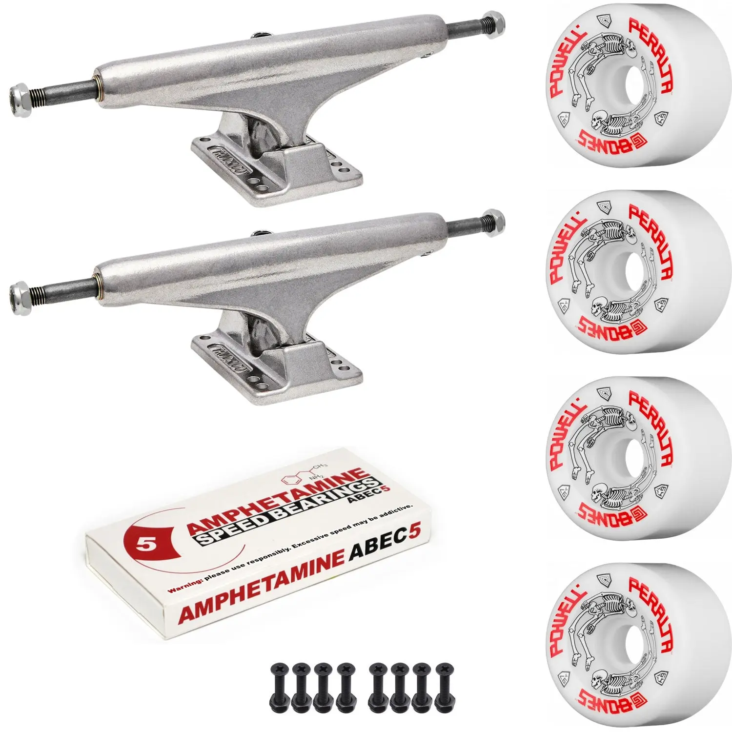 Independent Skateboard Package - 169 (9.12") Trucks, Powell Peralta G-Bones White Wheels, Amp 5 Bearings