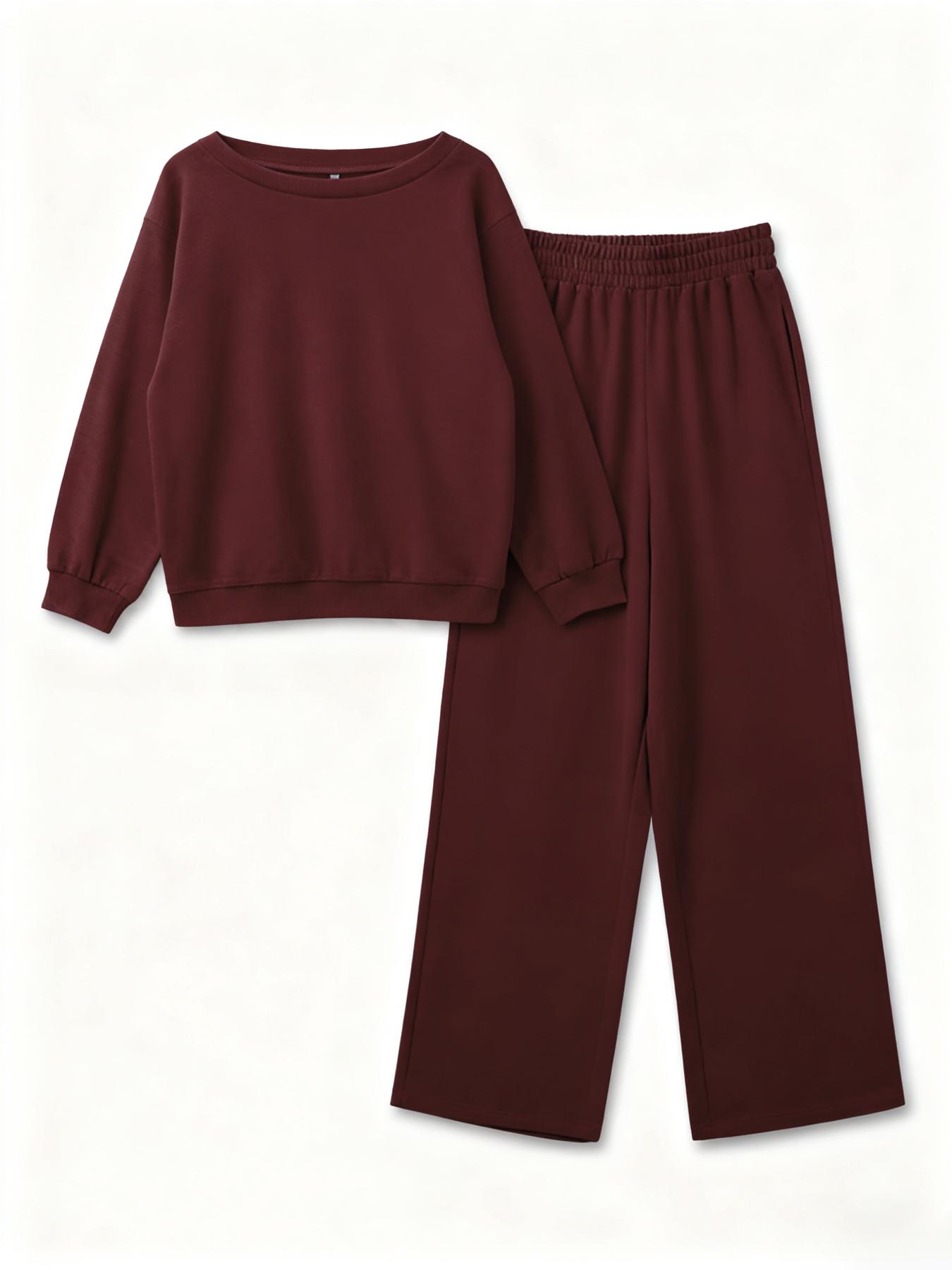 USBOUTIQUE CHIC Women's Leisure Solid Color Sloping Shoulder Long Sleeve Top & Wide Leg Trousers Co-ord, Cozy Scoop Neck Loose Two Piece Outfits, Basic Womenswear USBOUTIQUE CHIC Women's Leisure Solid Color Sloping Shoulder Long Sleeve Top & Wide Leg Trousers Co-ord, Cozy Scoop Neck Loose Two Piece Outfits, Basic Womenswear