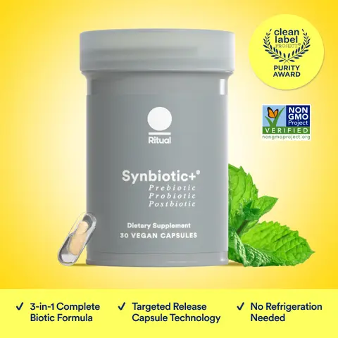 Ritual Synbiotic+ 3-in-1 Probiotic Supplement - 30 Capsules - 30 Servings Probiotic, Prebiotic, Postbiotic** - Women and Men - Support Gut, Digestive Health* - Vegan - One Daily Capsule - Mint