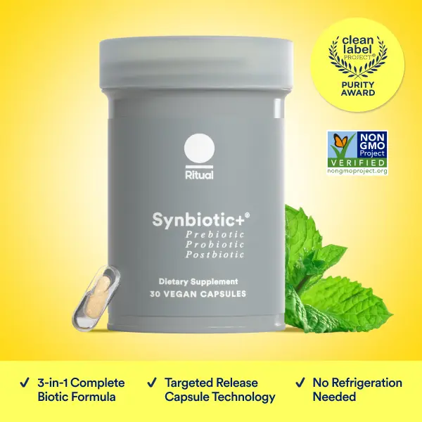 Ritual Synbiotic+ 3-in-1 Probiotic Supplement - 30 Capsules - 30 Servings Probiotic, Prebiotic, Postbiotic** - Women and Men - Support Gut, Digestive Health* - Vegan - One Daily Capsule - Mint