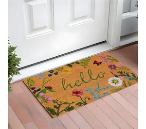 HomeRoots 24" X 36" Natural & Green Floral Hello Door Mat
