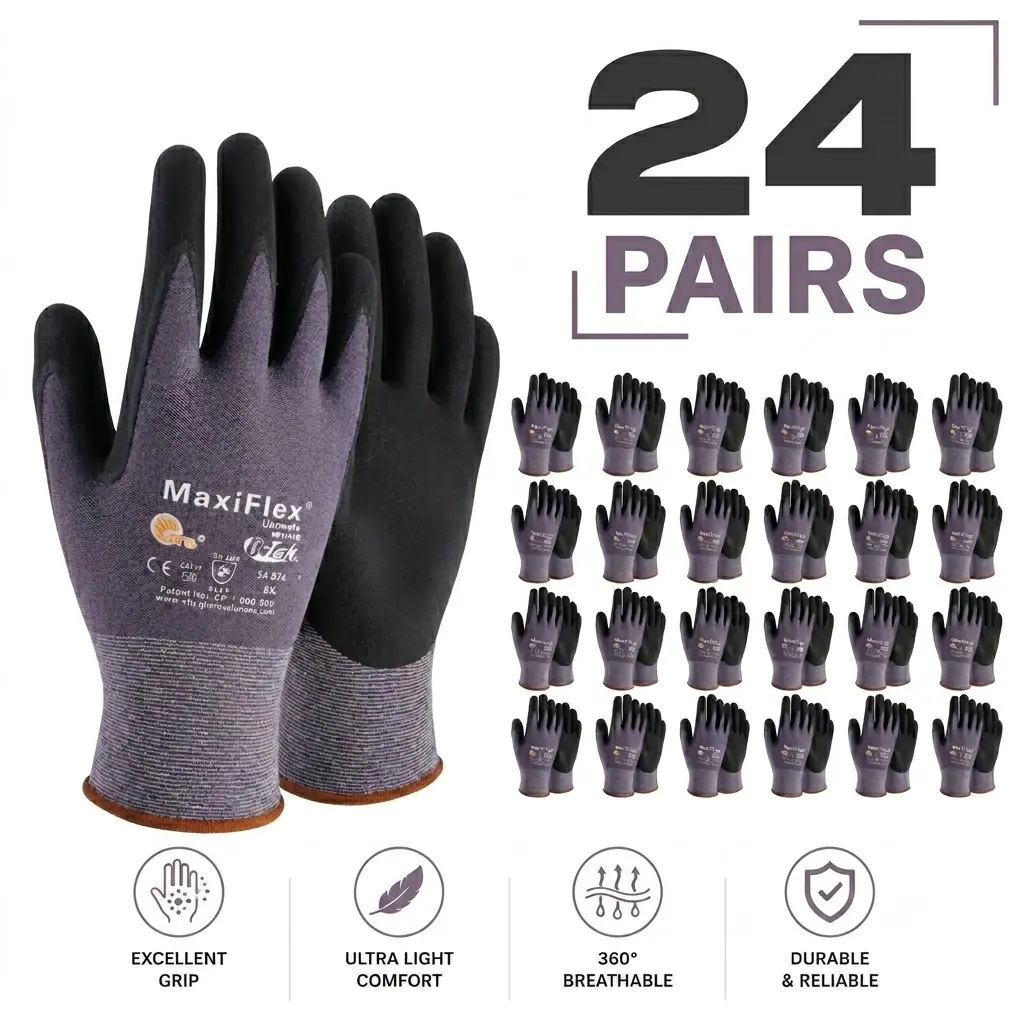 24 Pairs MaxiFlex PIP Gloves Pack of 12 Pairs | Work Gloves, Maxi Flex Ultimate Foam Nitrile Palm Coated Cleaning Breathable MaxiFlex maxiflex glove