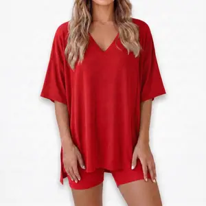 Women's 2 Piece Lounge Sets V Neck Oversized T-Shirts and High Waisted Biker Shorts Matching Sets Summer Outfits 2026