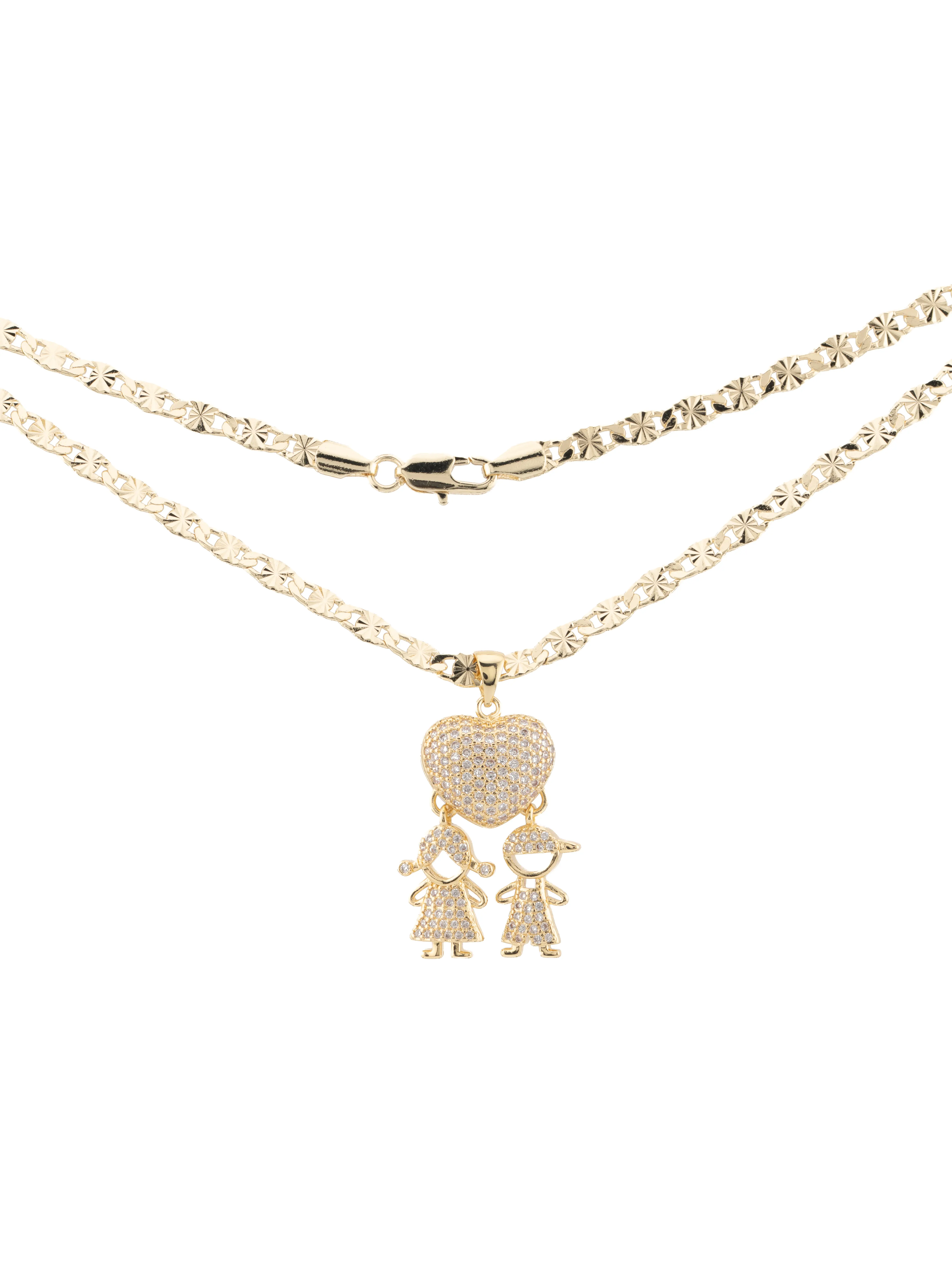 Women's Gold-Plated Heart-Shaped Pendant Necklace with Children’s Figures, Custom Length 18-in/24-in Chain & Link, New Mom Gift for Valentine's Day, Gold Necklace, 18" Or 24"