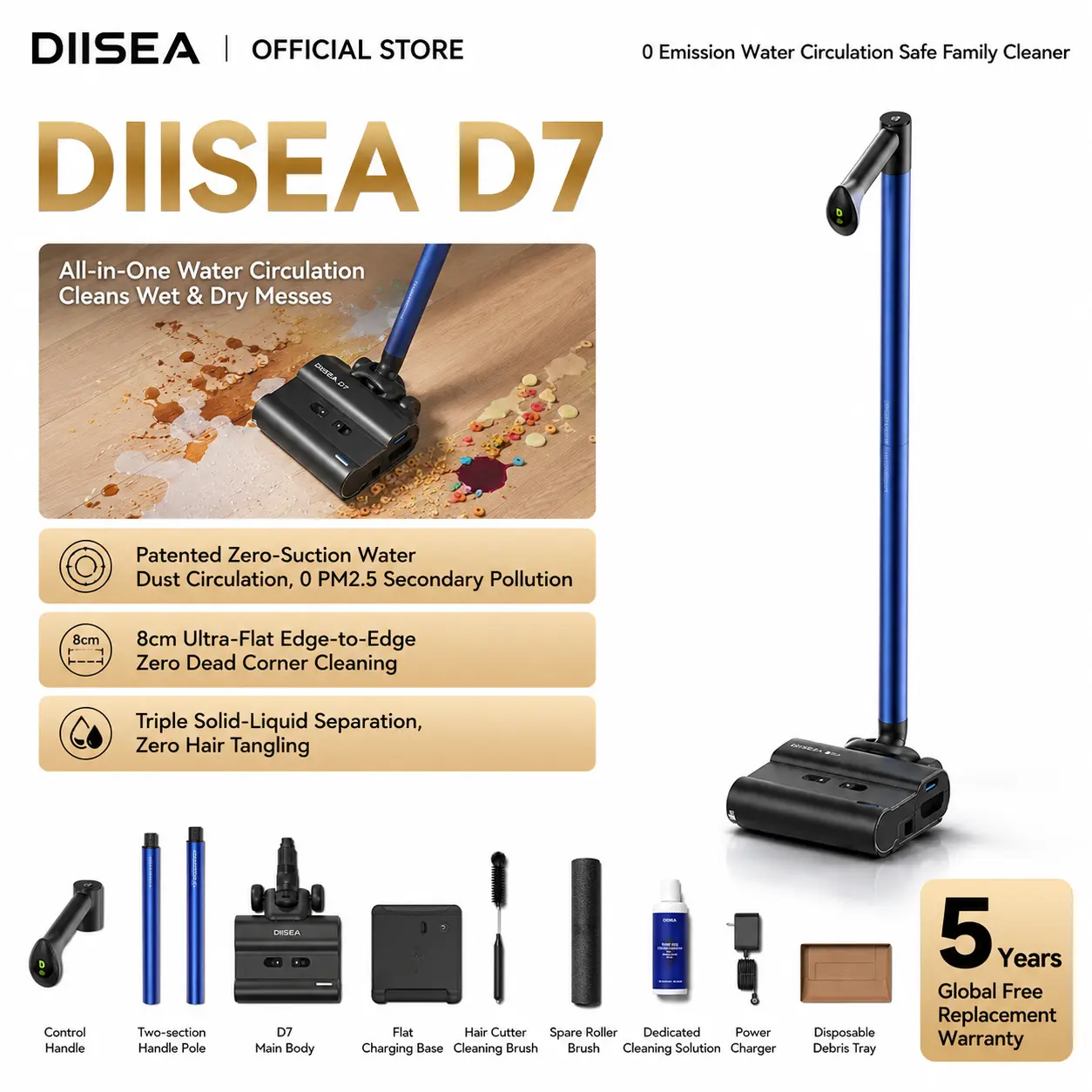 DIISEA D7 0-Emission Smart Floor Washer, Ultra-Lightweight Cordless Wet-Dry All-in-1 Cleaner for Hard Floors, Pure Water Hydro-Loop Deep Cleaning for Baby & Pet Homes