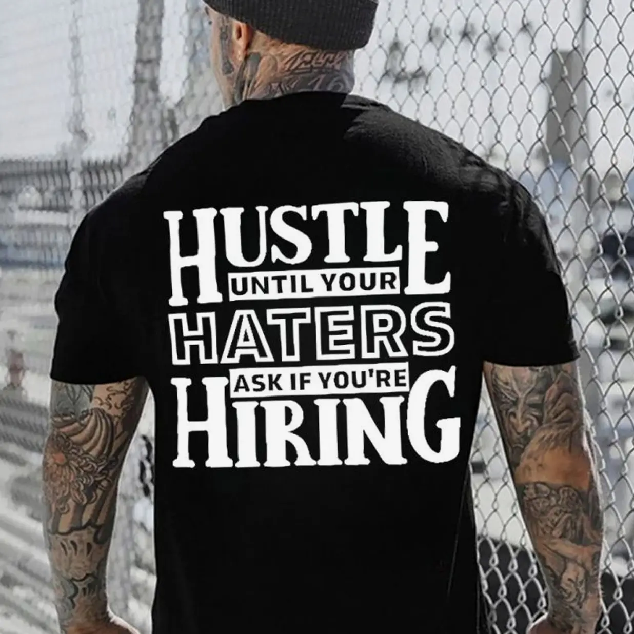 Unisex Short-Sleeve Graphic Sports Top, Stylish Black "HUSTLE UNTIL YOUR HATERS" Print Casual Sports Shirt