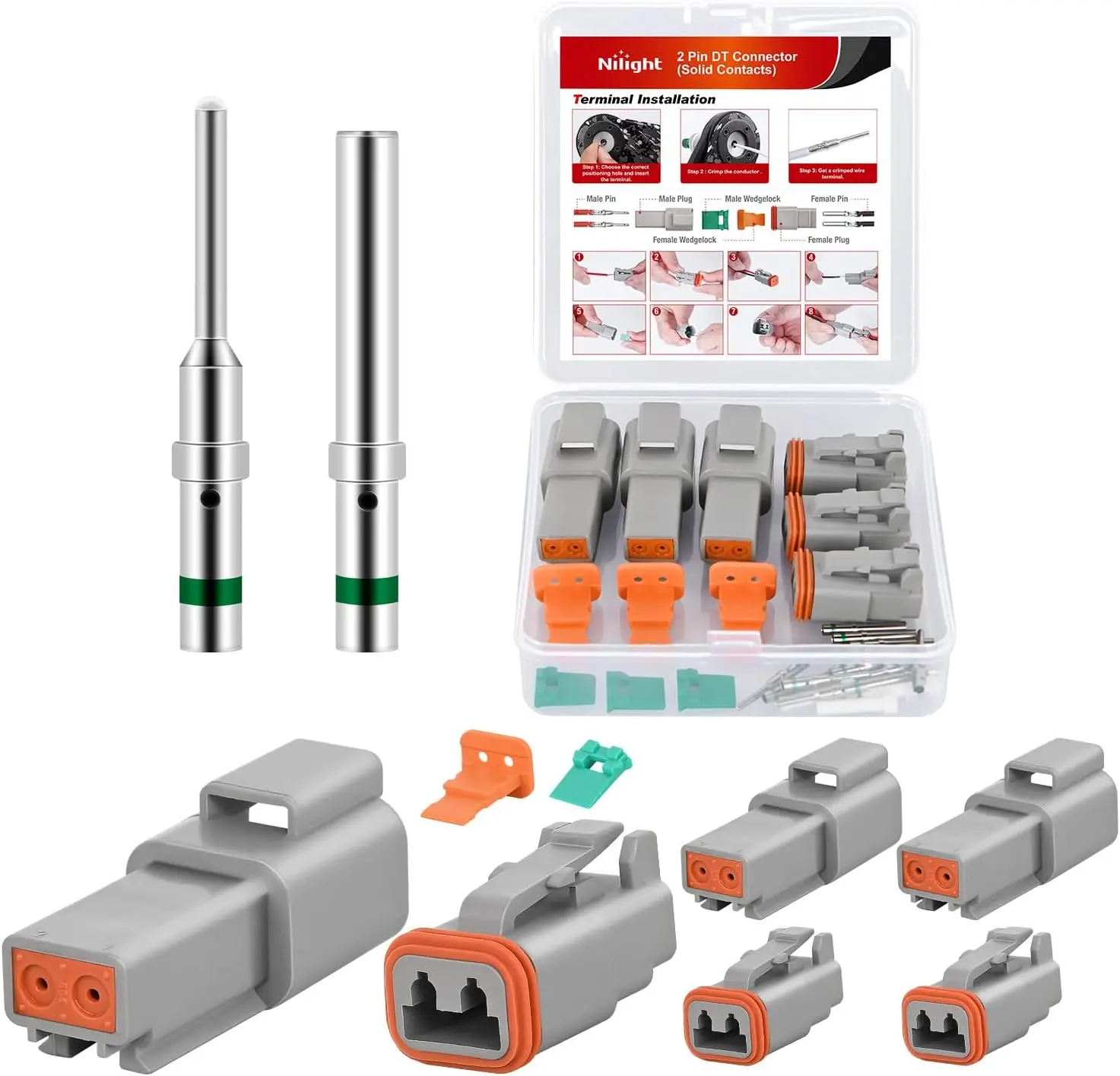 Nilight 2-Pin DT Connector Kit, PA66 Nylon, IP67 Rated, 2 Seal Plugs, 6 Pairs Copper Solid Contacts, Waterproof Male-Female Receptacles, 13 A Continuous, for 14-20 AWG Automotive/Racing Vehicles/Boat (14°F to +176°F)