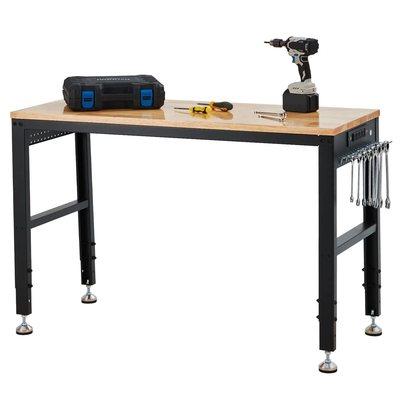 GARVEE Heavy-Duty Metal & Solid Wood Adjustable Workbench (60''x20''), 1 Workbench, 2000 lbs Load Capacity, 29.5"-38.4" Height Adjustment, 35 Hooks, 63.9 lbs, ETL-Certified Power Outlet, Assembly Required, Ideal for Garage Projects & Workshop,toolupgrade