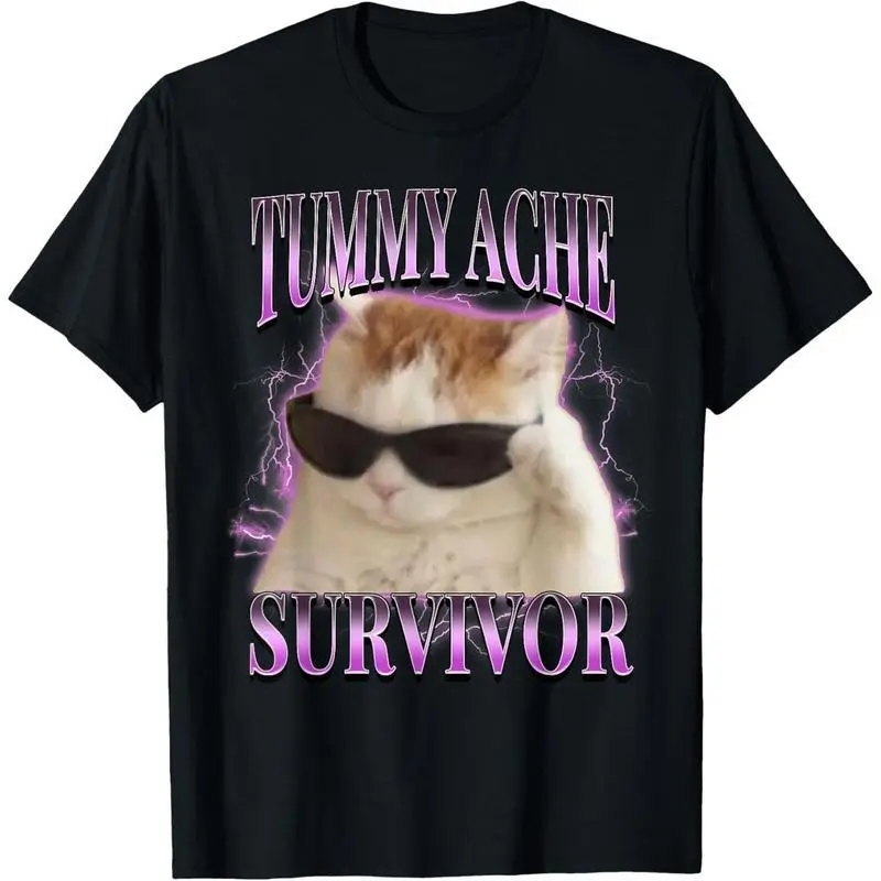 I Survived Today's Tummy Ache Silly Cat Meme T-Shirt Funny Saying Graphic Tee Vintage Cute Humor Short Sleeve Soft Cotton Comfortable for Adults Kids Cats Lovers Casual Daily Vacation Trendy Animal Print Tops