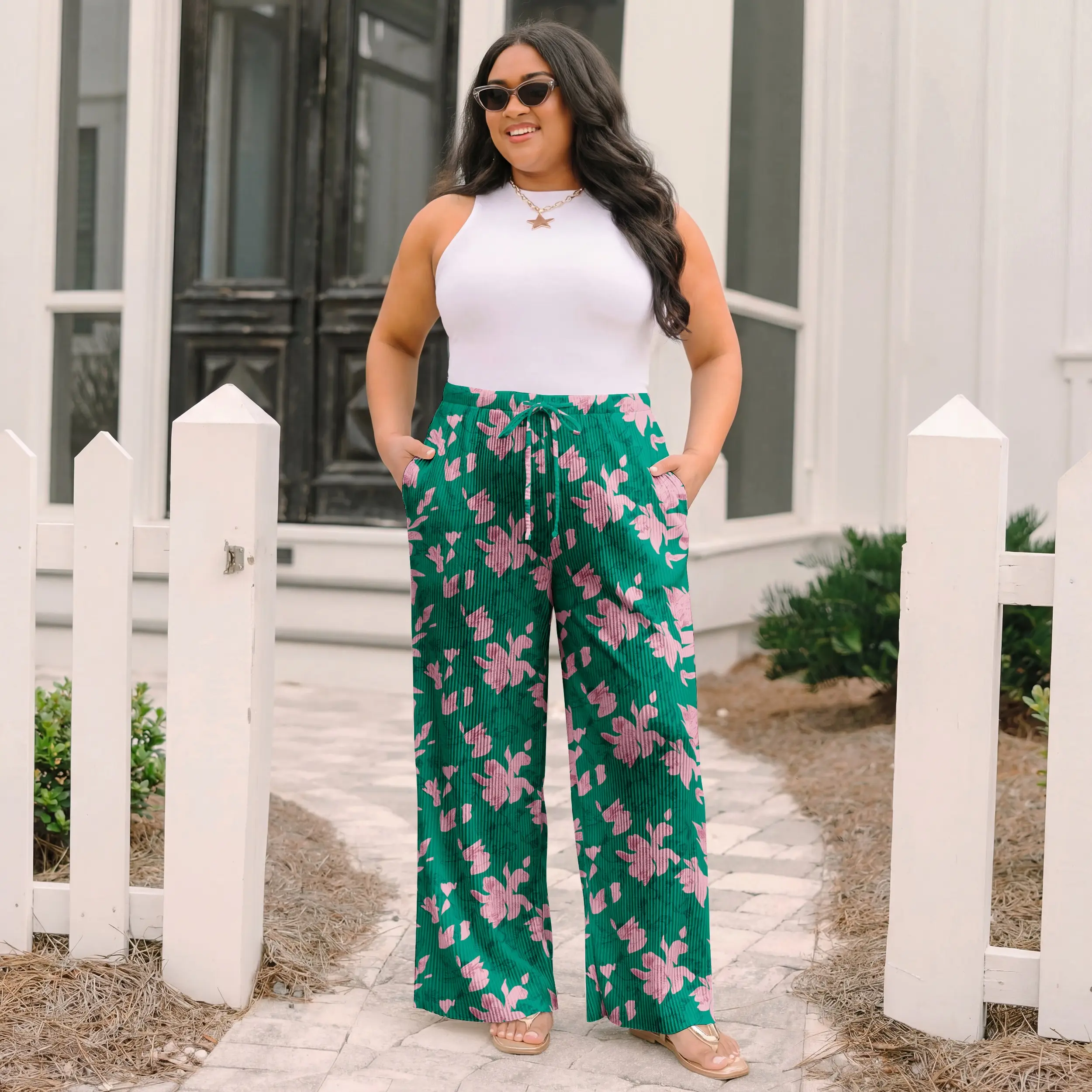 Women's Plus Size Palazzo Pants High Waisted Wide Leg Trousers - Green Pink Flowers Print