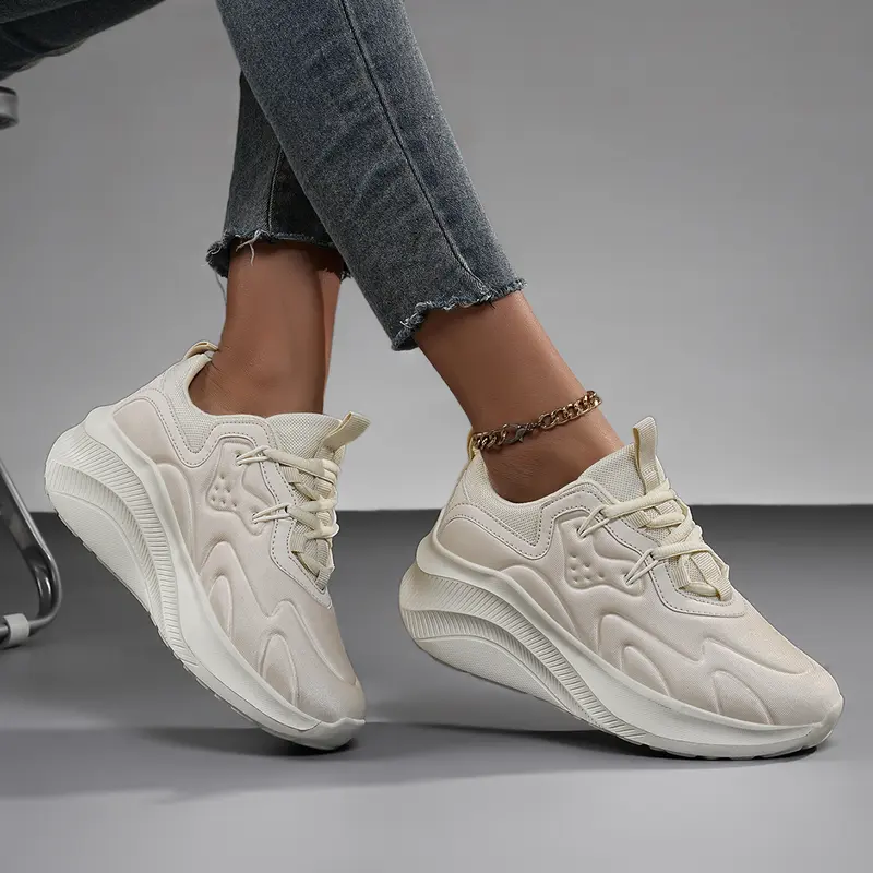 Women's Chunky Trainers - PU Leather & Embossed Hybrid Upper, Breathable Lightweight Sneakers, Low-Top Walking Shoes, EVA Sole, Wet-Floor Grip, Platform Casual Sneakers for Casual Wear, Commutes