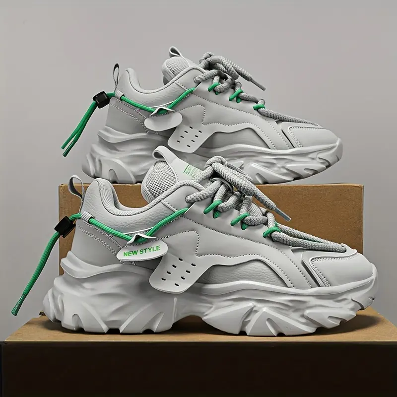 Men's Retro Chunky Thick-Soled Sneakers - White PU Upper & EVA Cushioned Arch Support, Non-Slip Rubber Sole, Lace-Up Closure, Odor-Resistant, All-Season Casual & Running Shoes with Cushioned Insole, Arch Support & Traction Tread for Gym