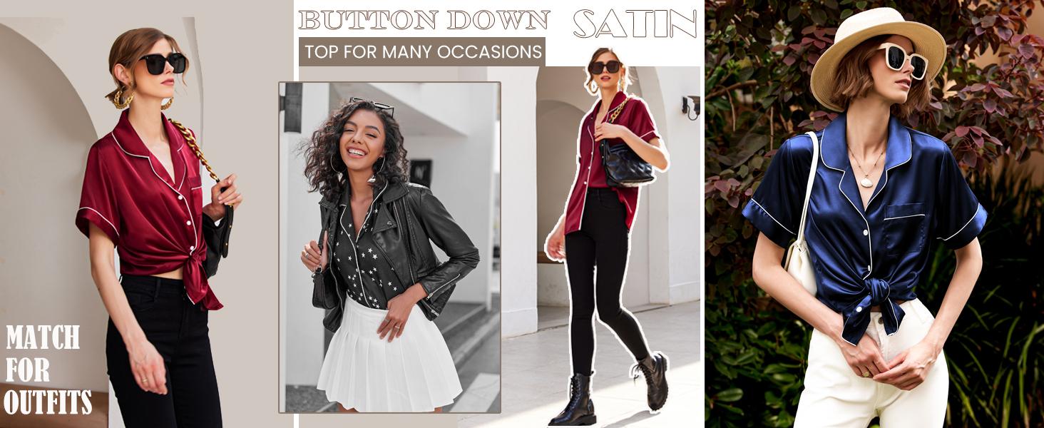 Ekouaer Women's Pajamas Set Silk Satin Pjs Button Down Sleepwear with Shorts 2 Piece Set Loungewear Pajama Set Comfort Womenswear women's  pajamas