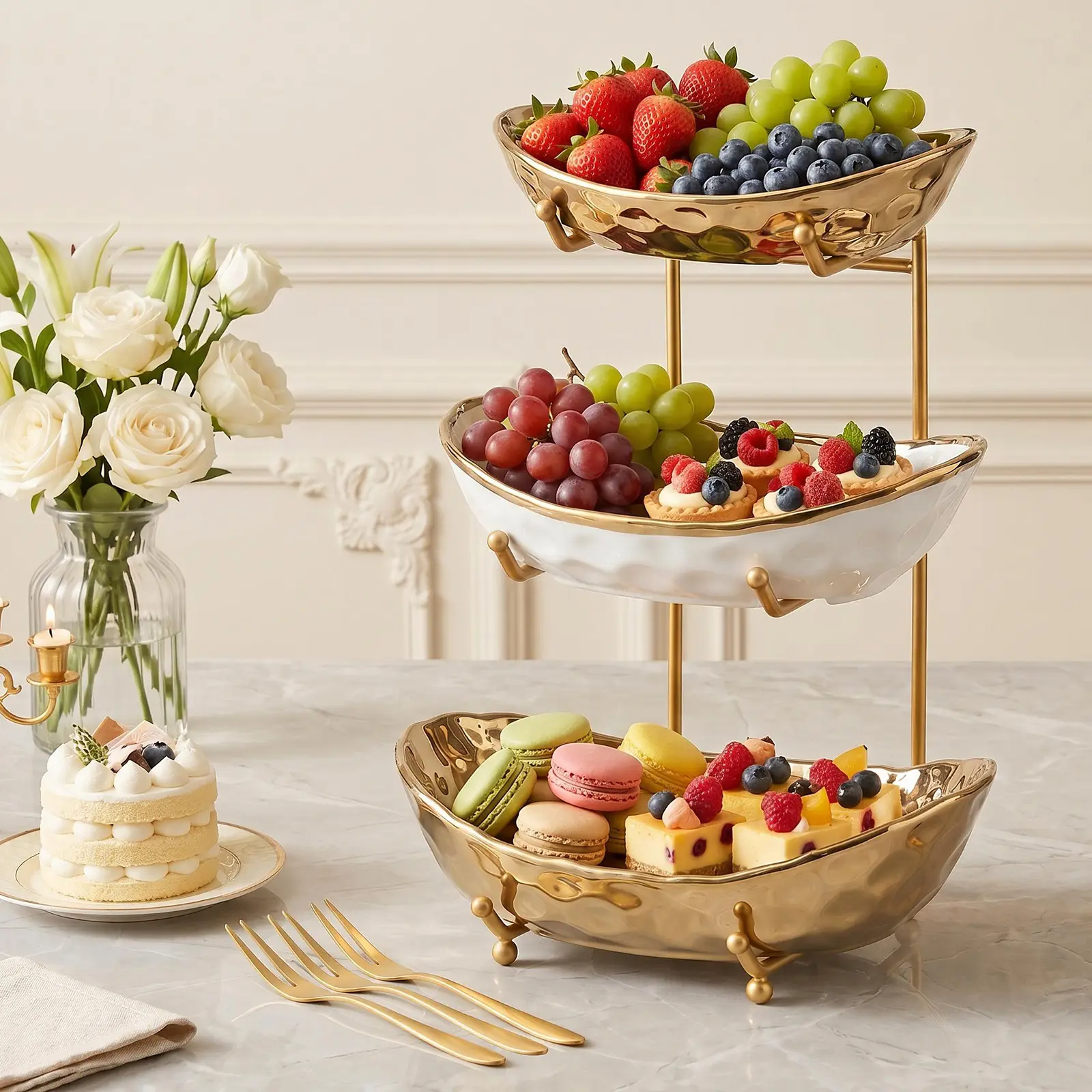 3 Tier Ceramic Fruit Bowl for Kitchen Counter, White Gold Fruit Stand for Countertop, Home Fruit Rack with Holder, Vegetable Bowl Snacks Nuts Bread Candy Storage (Gold)