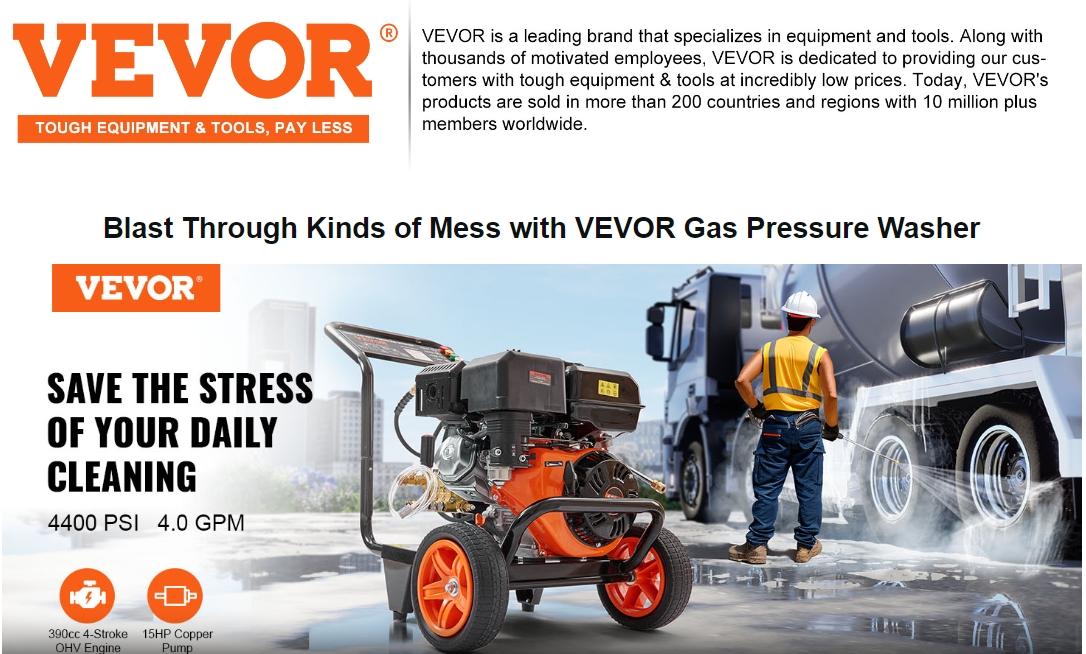 VEVOR Gas High Pressure Power Washer, 4400 PSI 4.0 GPM Portable Pressure Washer with Copper Pump, Spray Gun, Extension Wand, 5 Quick Connect Nozzles for Cleaning Cars, Homes, Driveways VEVOR Gas High Pressure Power Washer, 4400 PSI 4.0 GPM Portable Pressure Washer with Copper Pump, Spray Gun, Extension Wand, 5 Quick Connect Nozzles for Cleaning Cars, Homes, Driveways