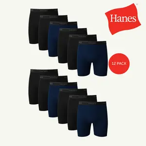 Hanes Men's Underwear Boxer Brief Pack, 12-Pack, Moisture-Wicking Cotton Briefs
