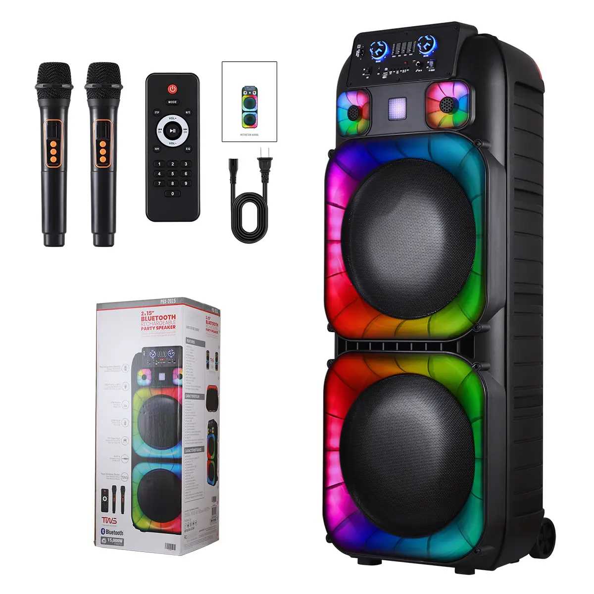 Dual 15 inch Karaoke Speaker System with 2 Microphone, Portable Party Box Speaker Wireless Bluetooth Stereo Rechargeable Remote Control LED Lighting