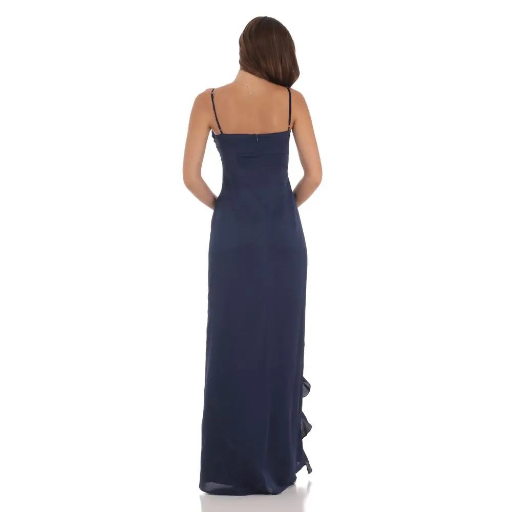Ruffle V-Neck Maxi Dress in Navy - TikTok Shop