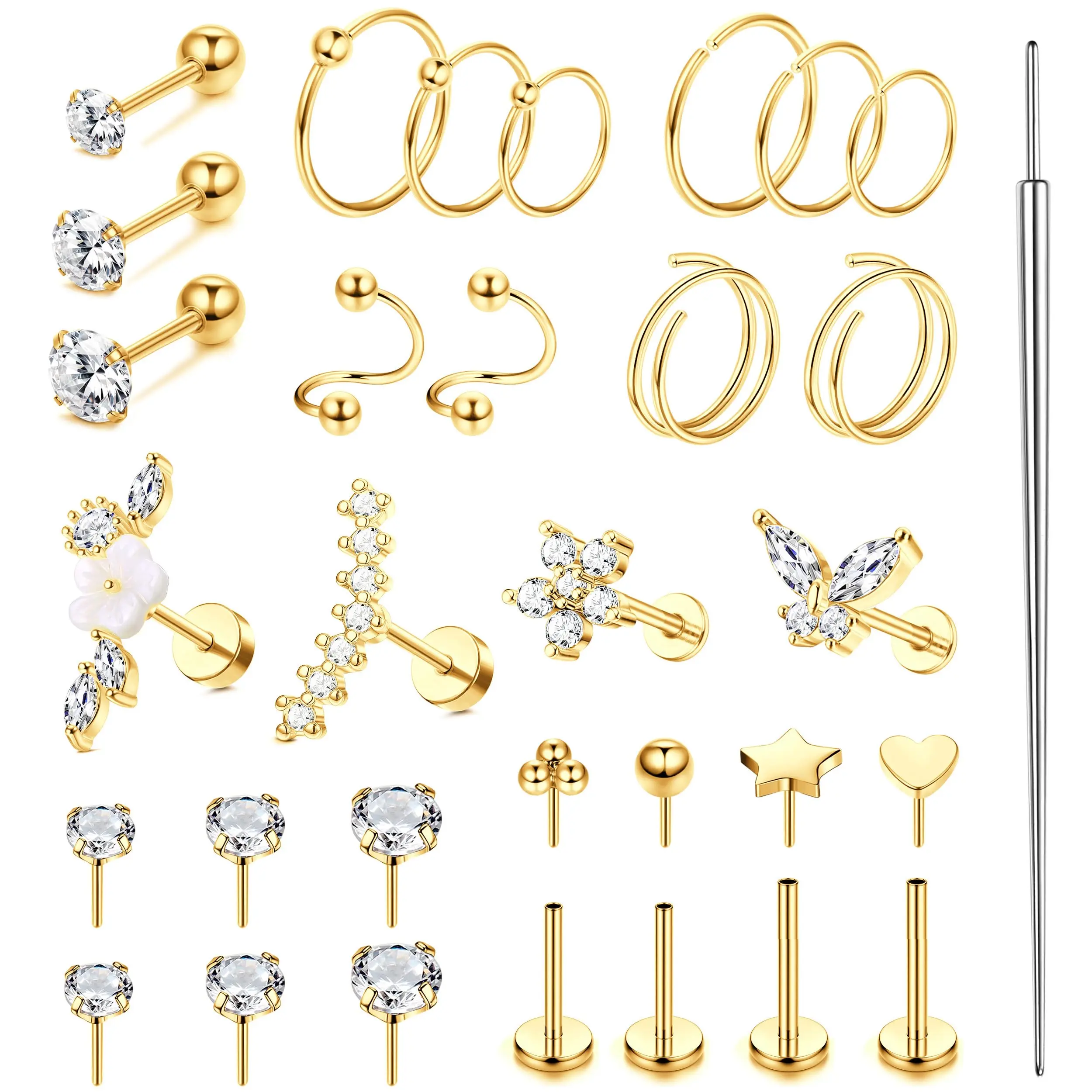 MILACOLATO Unisex Hypoallergenic Surgical Steel Body Piercing Jewelry Kit (16-20G) - Push-In Cartilage Studs, Hoops, Flat Back Threadless Pieces, Nose Jewelry for Tragus, Helix, Lip Labret, Nose Rings Set, Ear Piercings Kit, Nose Ring Jewelry, Flat Back E