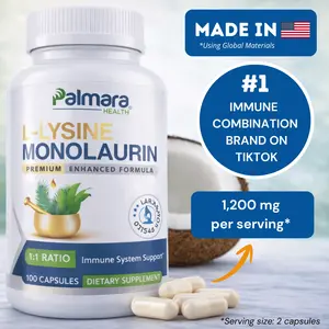 L-Lysine with Monolaurin 600mg – Immune and Digestive Support 1:1 Ratio, 100 Capsules | Palmara Health