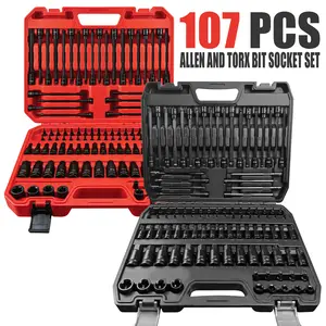 107PCS hex and hex screwdriver socket kit, 1/4 ", 3/8", and 1/2 "drivers, extra long hex/tamper proof hex head/hex ball head, SAE/metric socket kit, S2 alloy steel drill bit