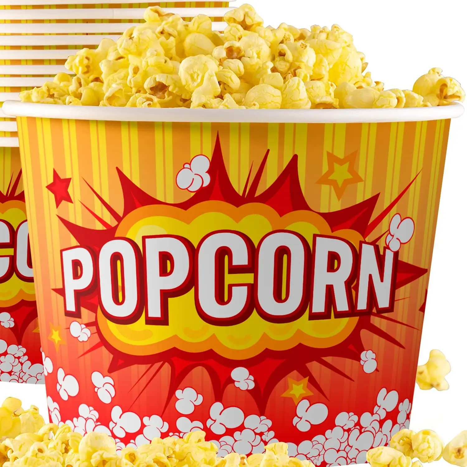 Greaseproof Retro 85oz Popcorn Buckets 25 Pk.  and Durable Pop Corn Tubs in Red Yellow. Large Disposable Containers  For Movie Night, Theme Party, Theater, Carnivals & Fundraisers.