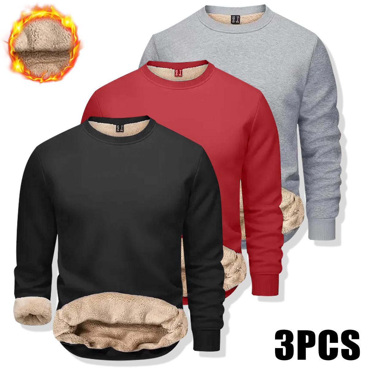 Pack of 3 men's solid color crew neck warm shirts, long-sleeve casual tops for autumn and winter, featuring a casual warm style with a windproof fabric made of faux fleece lining for everyday wear. SpringStatements